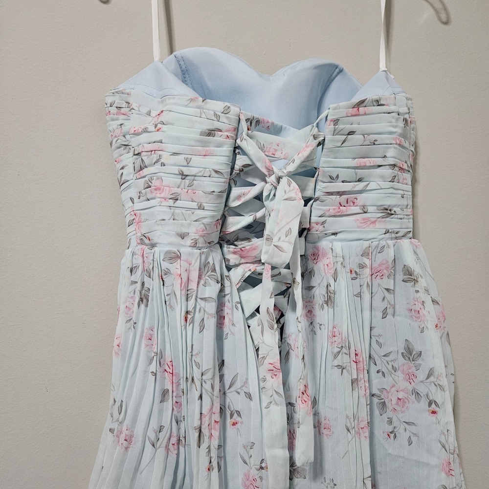 Lulus Light Blue Floral Tiered Lace Up Back Strapless Maxi Dress Gown - Picture 7 of 10